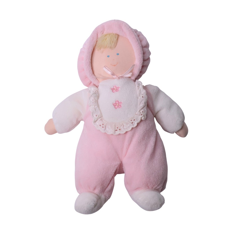 VTG Eden Pink Terry Cloth Flower Blonde Yarn Hair Plush Baby Doll Blue Eyes 10"